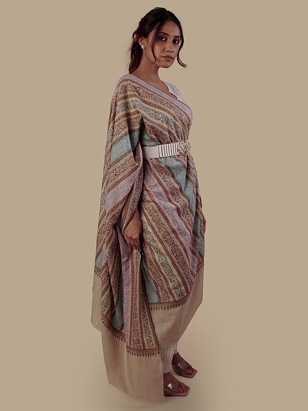 Pashmina Multicolored Striped shawl with Fine Sozni Embroidery