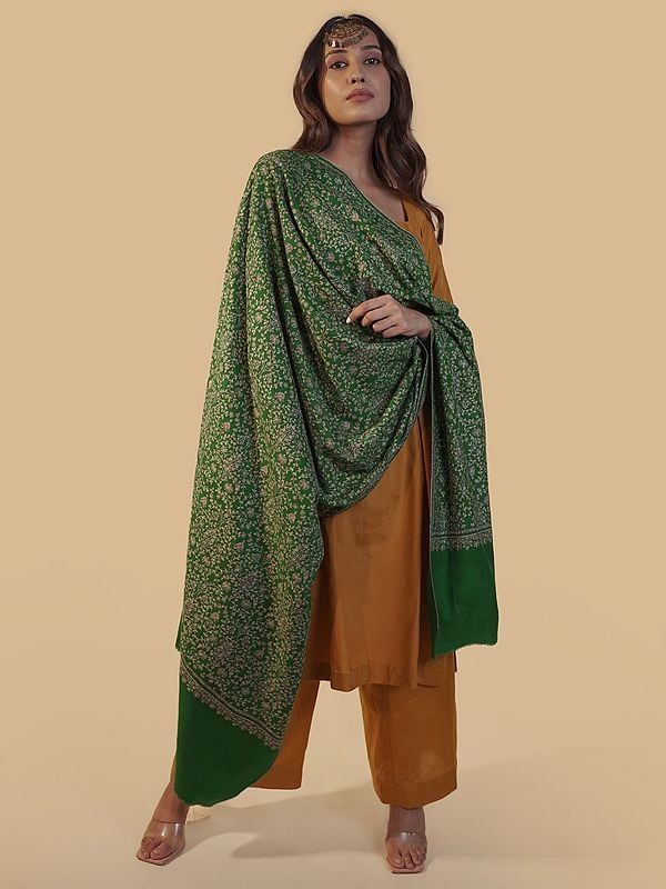 Pashmina Emerald Green Shawl with full-length Sozni work