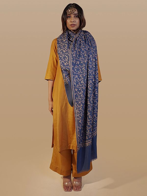 Pashmina Royal Blue Shawl with Sozni embroidered Bael Buta