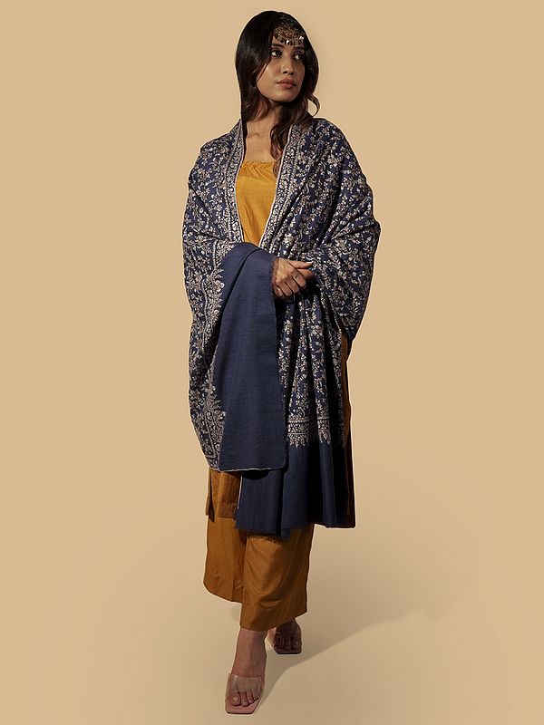 Pashmina Navy Blue Shawl with Detailed Sozni Embroidery