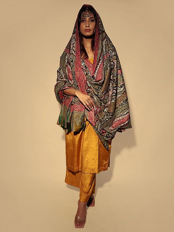 Pashmina Multicolored Shawl with Red Border and Heavily Detailed Bota Kalamkari Embroidery