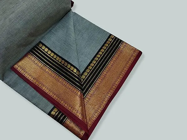 Neutral-Gray Pure Cotton Zari Work Chakra-Kalka Pattern Border Saree