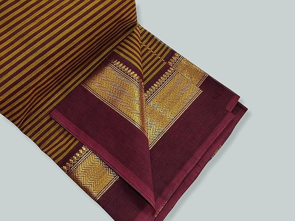 Dual-Color Pure Cotton Stripe Pattern Saree With Zari Woven Border