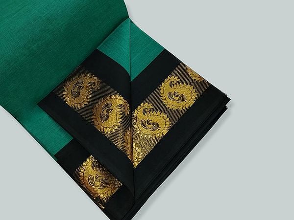 Antique-Green Pure Cotton Handwoven Saree With Zari Work Bold Pasley Pattern Border
