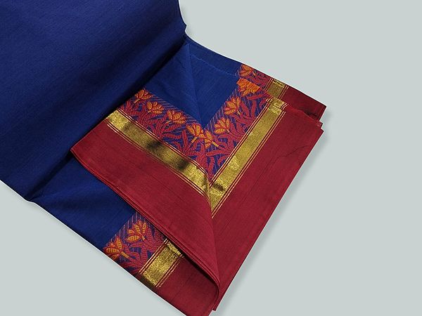 Blue Pure Cotton Saree With Floral Pattern Weave Border