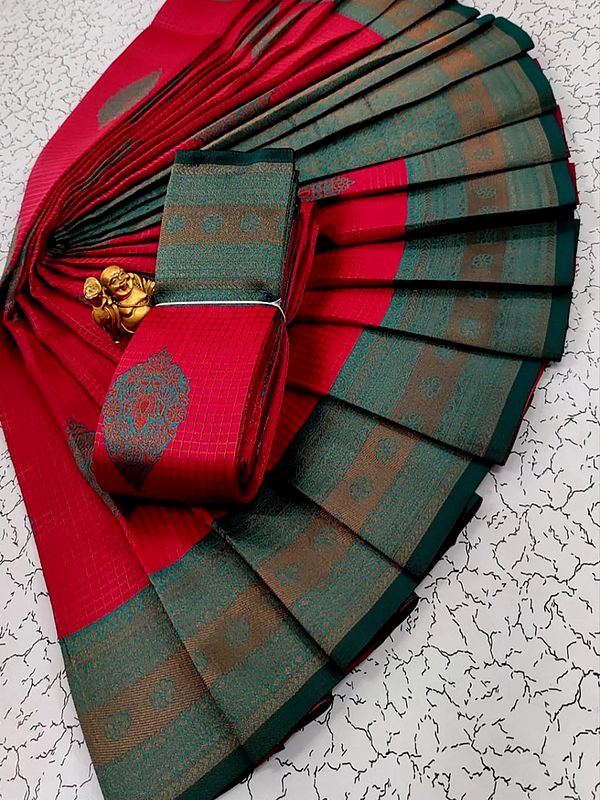 Red Kubera Silk Check-Mughal Pattern Saree With Blouse And Rich Pallu