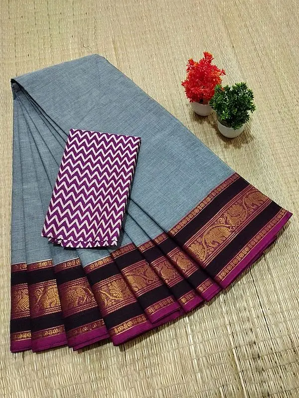 Chettinad Pure Cotton Peacock-Elephant Pattern Border Plain Saree With Blouse