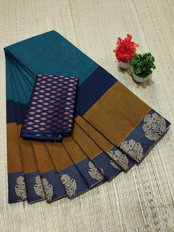 Blue-Sapphire Chettinad Pure Cotton Floral Mughal Pattern Saree With Blouse
