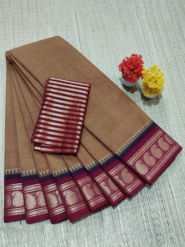Tawny-Brown Chettinad Pure Cotton Saree With Paisley Motif Border And Blouse