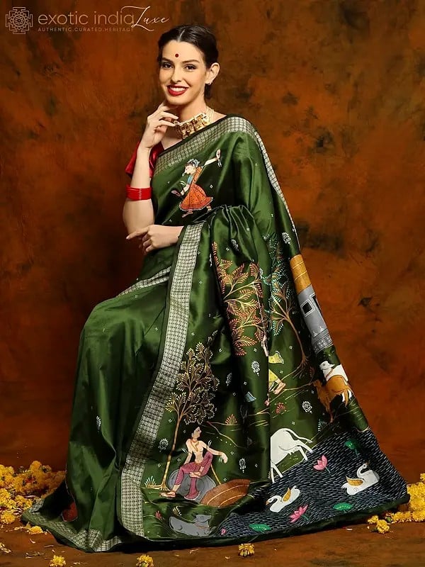 Forest Green Bomkai Silk Sari with Hand-Painted Pata Chitra