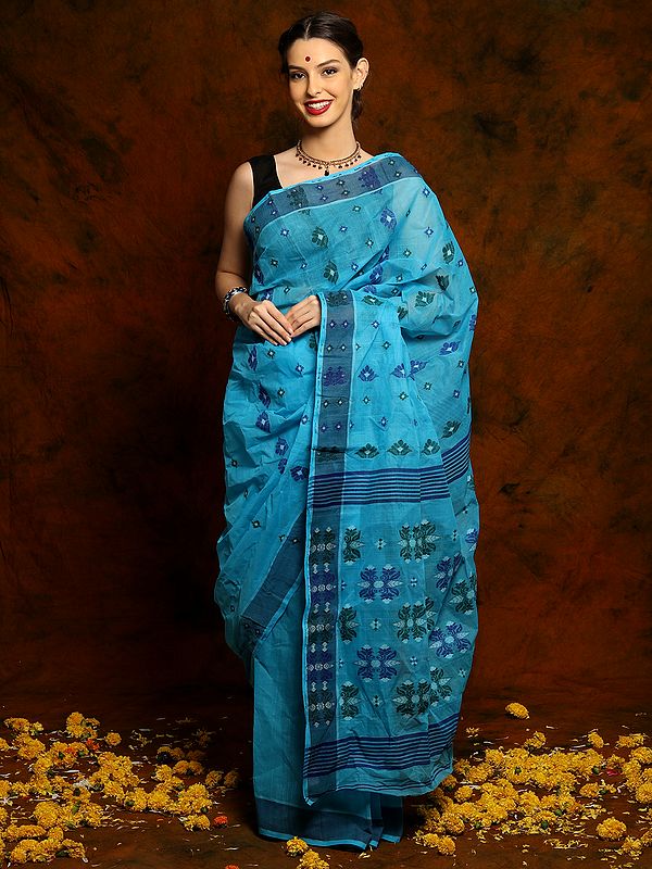 Cotton Blue Tangail Saree from Bengal