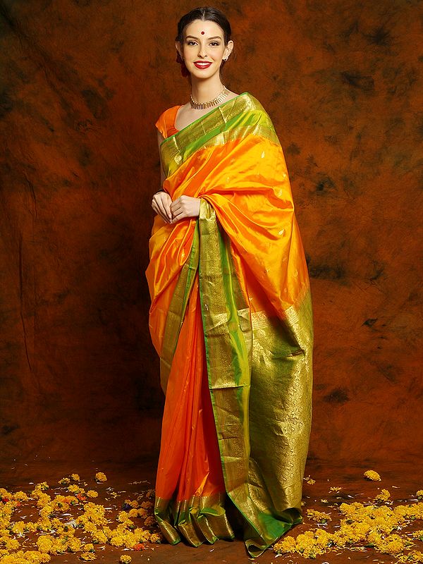 Orange Kanchipuram Saree with Parrot Green Border and Palla with Golden Detailed Traditional Threadwork