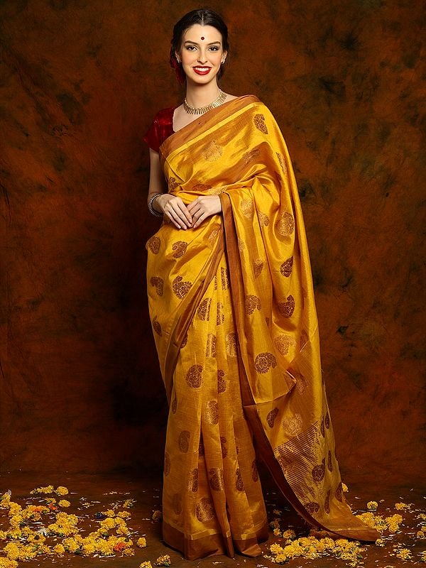 Mustard Yellow Paper Silk Saree with Golden Stripes and Traditional Paisley Motifs All Over