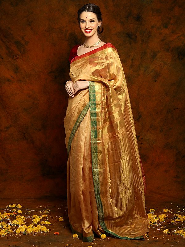 Golden Art Silk Saree with Golden Stripes and Lotus Motifs on Red and Green Border