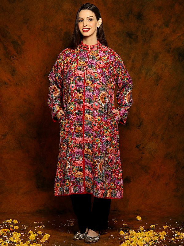 Kashmiri Red Woolen Long Jacket with Detailed Floral and Paisley Aari Embroidery