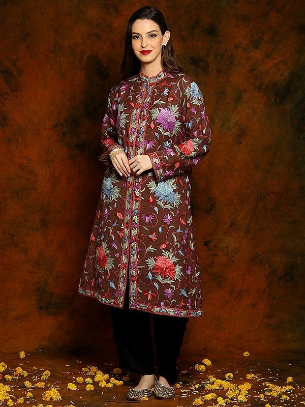 Kashmiri Chocolate Brown Woolen Long Jacket with Detailed Floral and Paisley Aari Embroidery