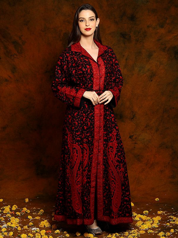 Kashmiri Black Woolen Long Robe with Detailed Floral and Paisley Red Aari Hand-Embroidery and Belt