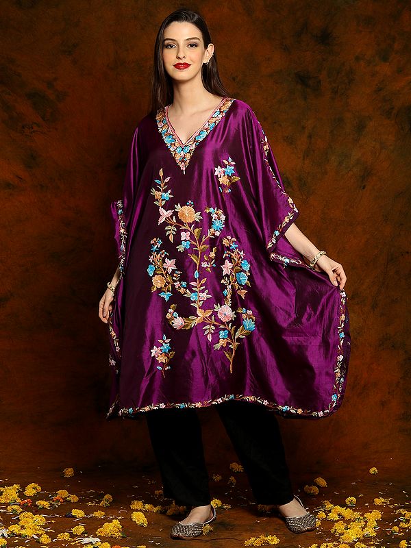 Violet Self Shine Silk Kaftan with Floral Aari Embroidery on Neck