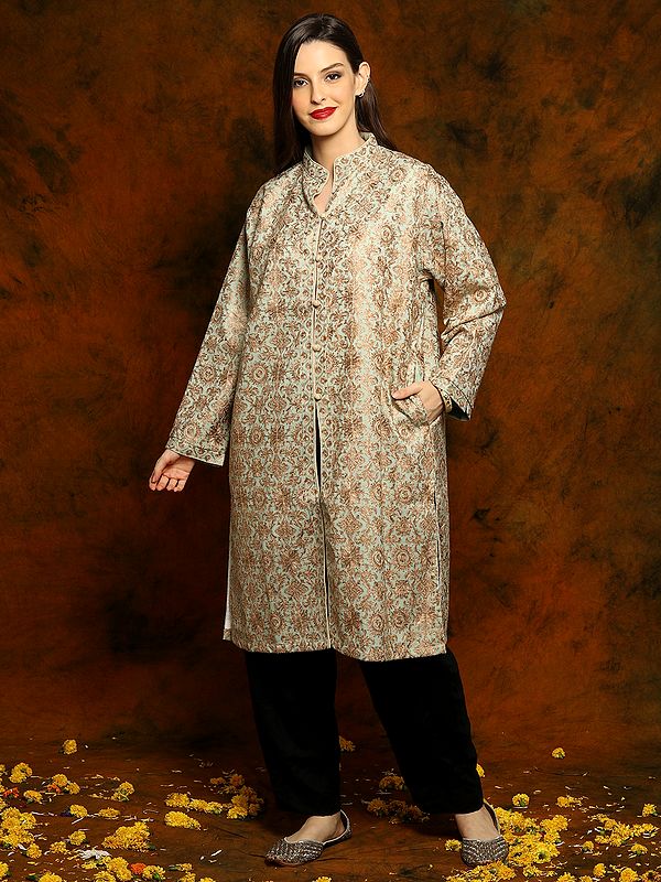 Kashmiri Mint Green Silk Jacket with Detailed Floral and Zari Embroidery