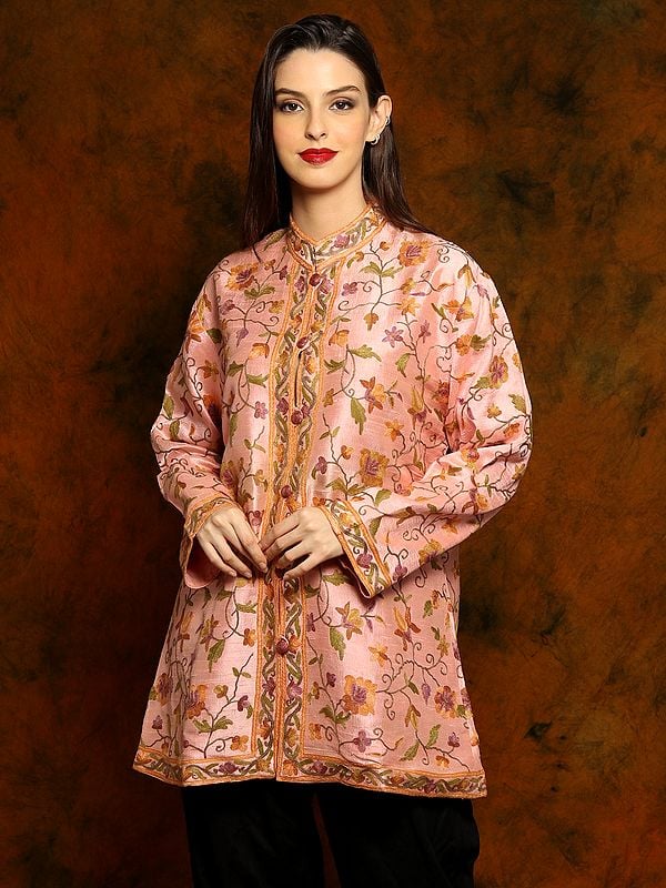 Kashmiri Pink Silk Short Jacket with Detailed Paisley Aari Embroidery