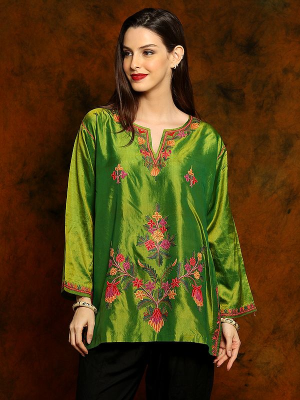 Kashmiri Parrot Green Pure Silk Kurti with Paisley Aari Embroidery