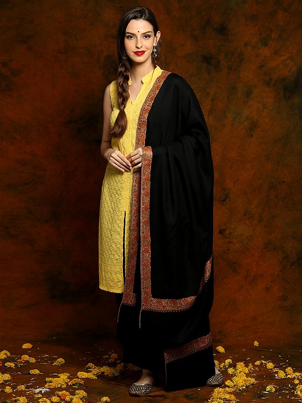 Black Fine Wool Shawl with Floral Fine Embroidery on Borders