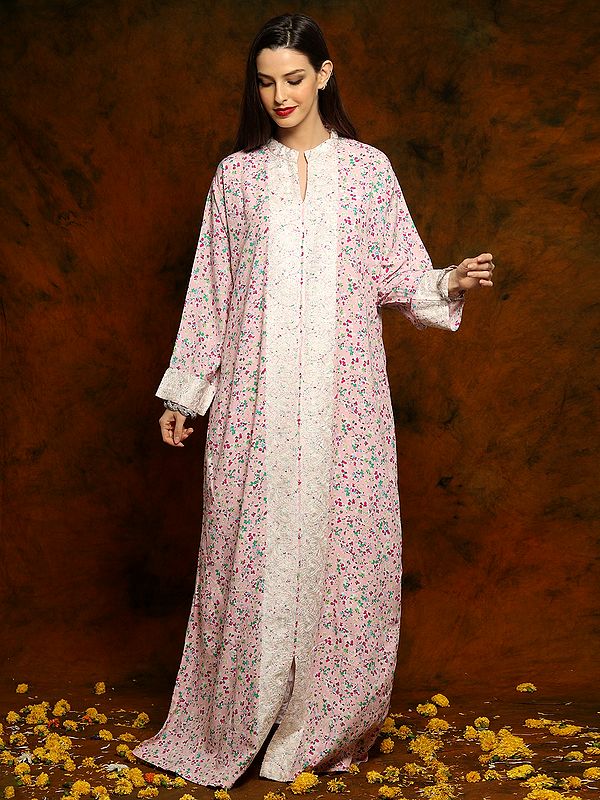 Pink Floral Print Rayon Kashmiri Abaya with Fine White Aari Embroidery