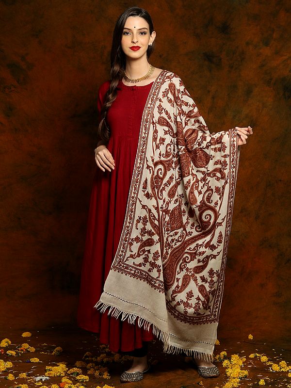Cream Colored Fine Wool Shawl with Detailed Aari over Embroidery