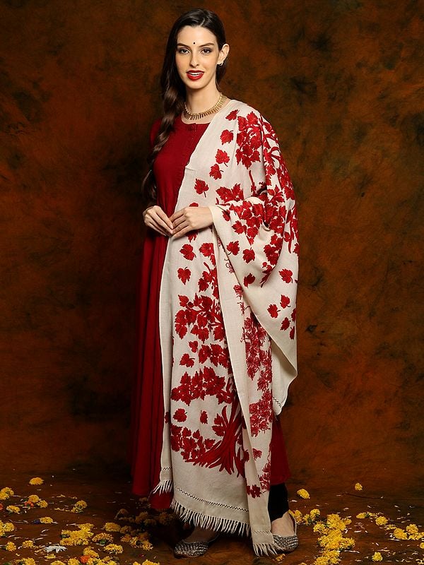 Off White Fine Wool Shawl with Leaf Aari Embroidery