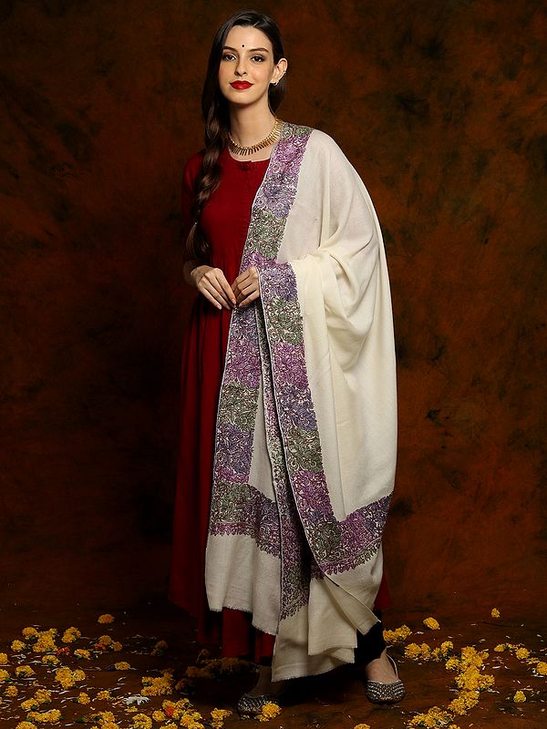 Off White Fine Wool Shawl with Floral Fine Embroidery on Borders