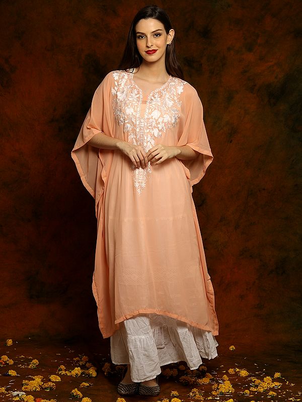 Peach Pure Chiffon Kaftan with Floral Aari Embroidery on Neck