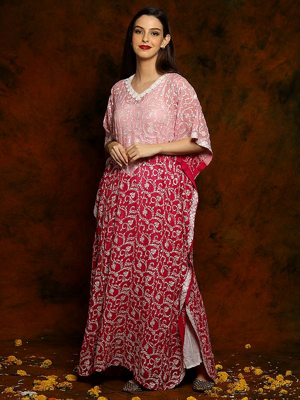 Monochromatic Double Toned Pink Georgette Long Kaftan with over White Embroidery and Lace on Neck