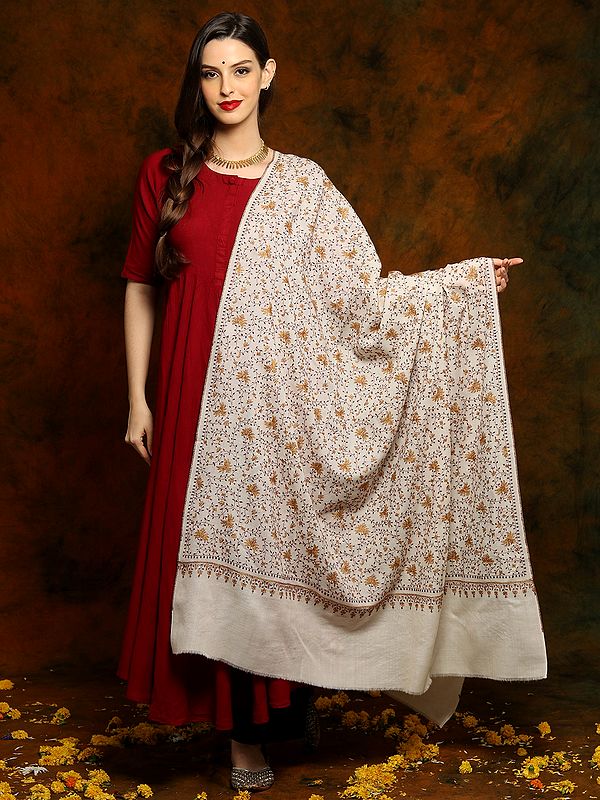 Off White Fine Wool Shawl with Fine All Over Embroidery