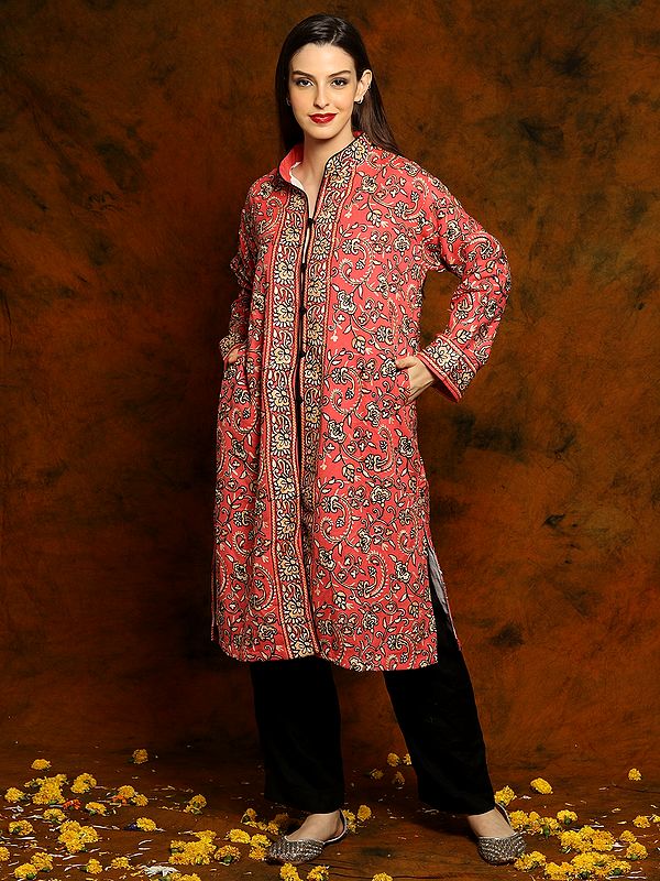 Light Red Kashmiri Woolen Long Jacket with Detailed Floral and Paisley Aari Embroidery
