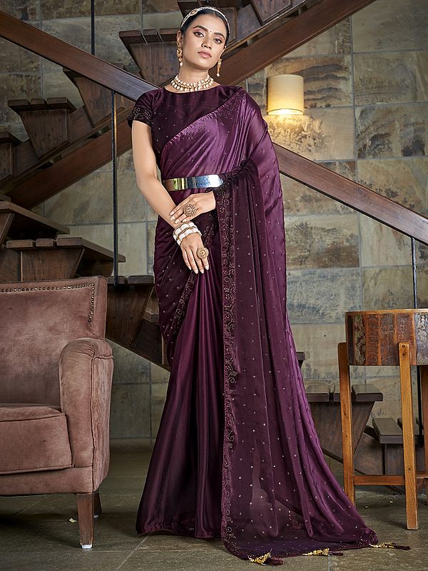 Purple Rangoli Silk Butti Embroidered Saree with Sequins, Swarovski, Diamond, Thread Work and Tassel Pallu