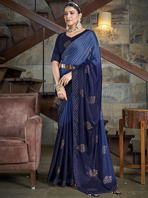 Navy-Blue Rangoli Silk Floral Embroidered Ombre Saree with Thread, Swarovski, Sequins, Diamond Work