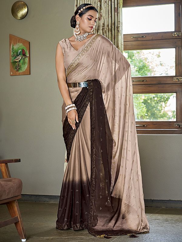 Brown Rangoli Silk Embroidered Gradient Saree with Sequins, Swarovski, Diamond, Thread Work and Tassel Pallu