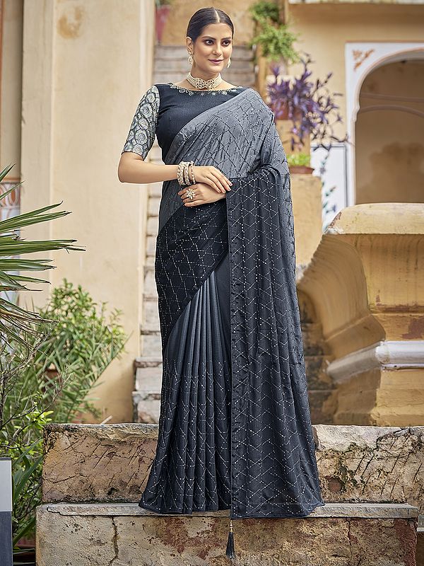 Grey Chinon Sequins-Thread Embroidered Gradient Saree with Blouse and Tassel Pallu
