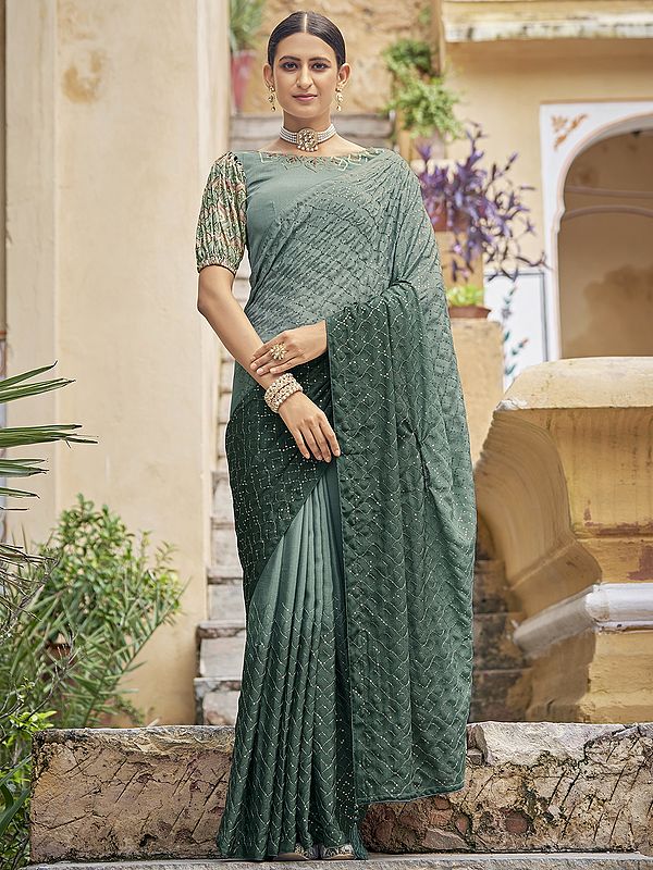 Green Chinon Gradient Saree with Sequins-Thread Embroidery and Tassel Pallu
