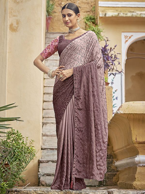 Dusty-Pink Chinon Dual-Tone Embroidered Saree with Sequins-Thread and Tassel Pallu