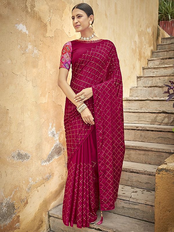 Dark-Pink Chinon Diamond Pattern Saree with Sequins-Thread Embroidery and Latkan Pallu