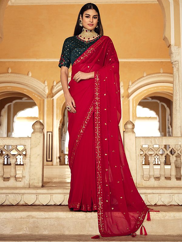 Chinon Red Saree with Green Blouse and Sequins-Thread Embroidery