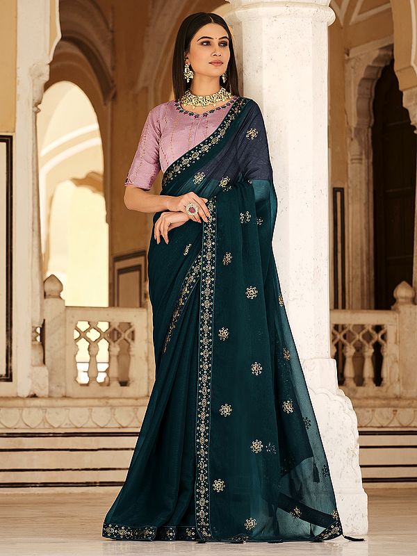 Teal-Blue Chinon Sequins-Thread Work Saree with Pink Blouse