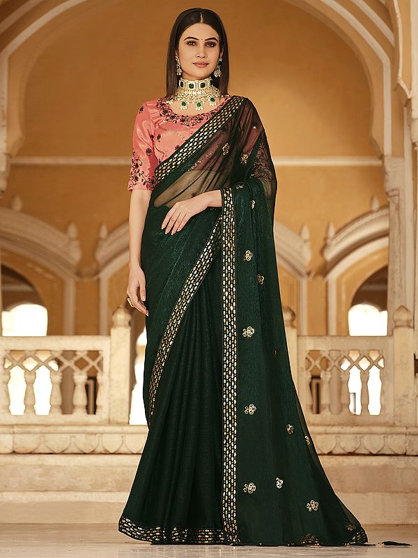 Green Chinon Phool Motif Saree with Peach Blouse and Sequins-Thread Embroidery on The Border & Pallu