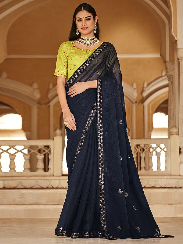 Navy-Blue Chinon Saree with Green Blouse and Chakra Motif Sequins-Thread Embroidery