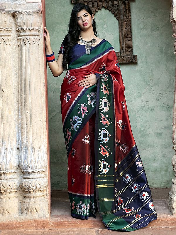 Red Patola Silk Brocaded Elephant-Birds Motifs Saree with Blue Blouse