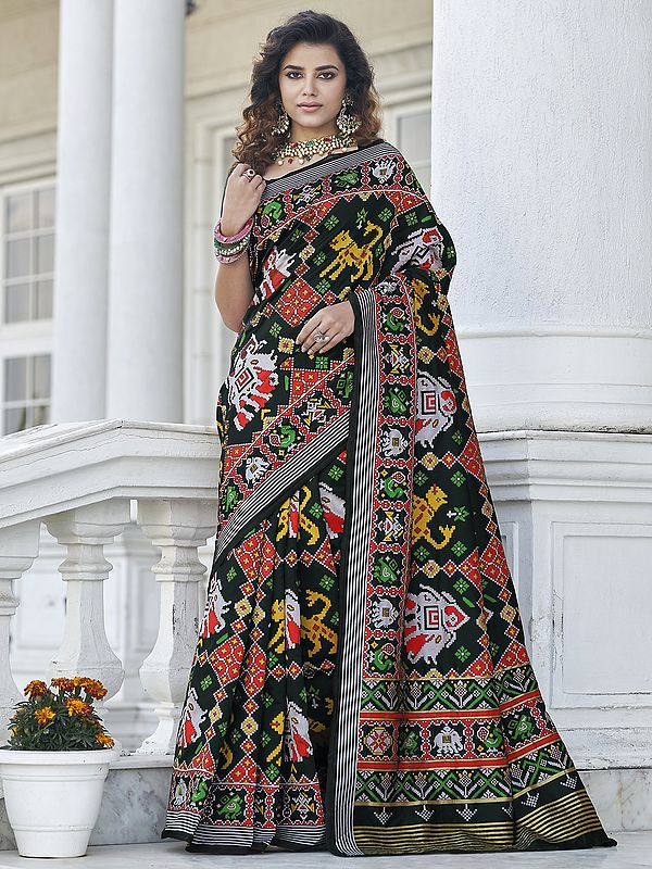 Patola Silk Traditional Saree with Blouse and Animal Motif