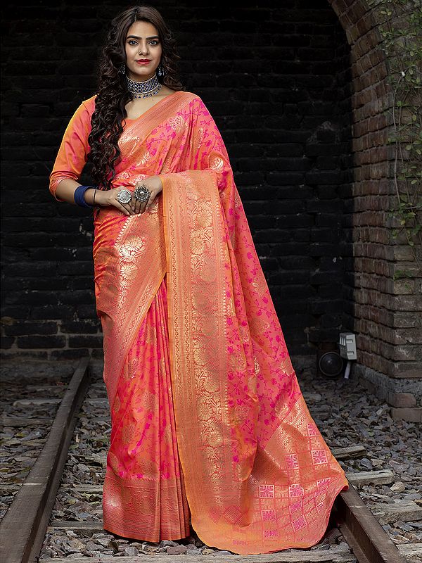 Banarasi Silk Phool Motif Zari Weave Saree with Floral Vine Pattern Pallu