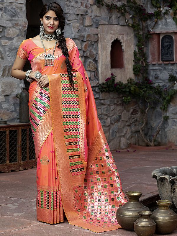 Banarasi Silk Floral Butta Saree with All-Over Zari Work and Leaf in Diamond Pattern Pallu