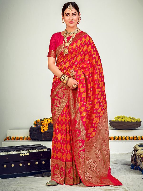 Pink Banarasi Silk Traditional Saree with Diamond Pattern and All-Over Zari Motif Weave